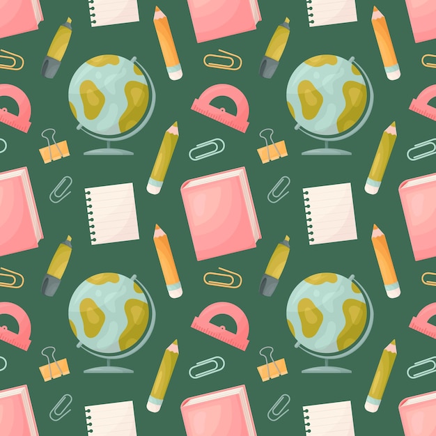 Vector seamless pattern with globe protractor and book with foldback clips pencils and markers