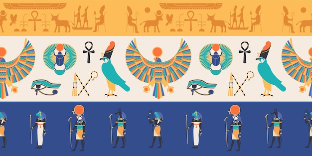 Seamless pattern with gods, deities and creatures from ancient Egyptian mythology and religion, hieroglyphs, religious symbols. Colorful flat vector illustration for textile print, backdrop.