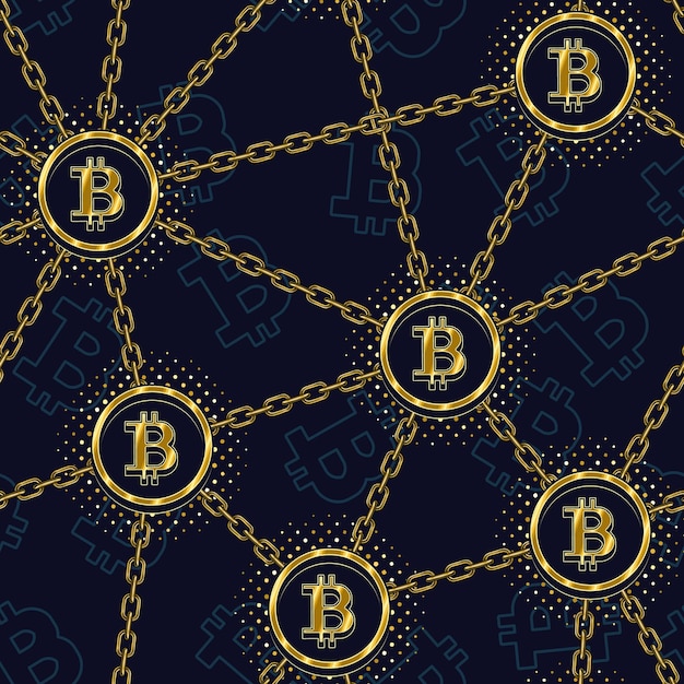 Modello senza cuciture con simboli bitcoin oro catene d'oro le icone bitcoin di contorno sono dietro illustrazione vettoriale del modello di denaro digitale criptovaluta