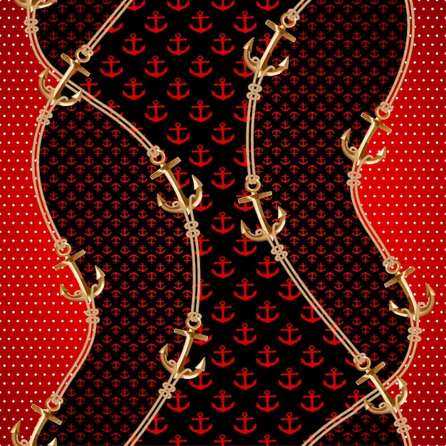 Seamless pattern with gold chains anchorsrope on red background