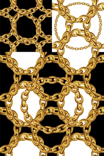 Бесшовный узор с золотыми цепями для оформления ткани на белом фоне Золотая иллюстрация в стиле барокко