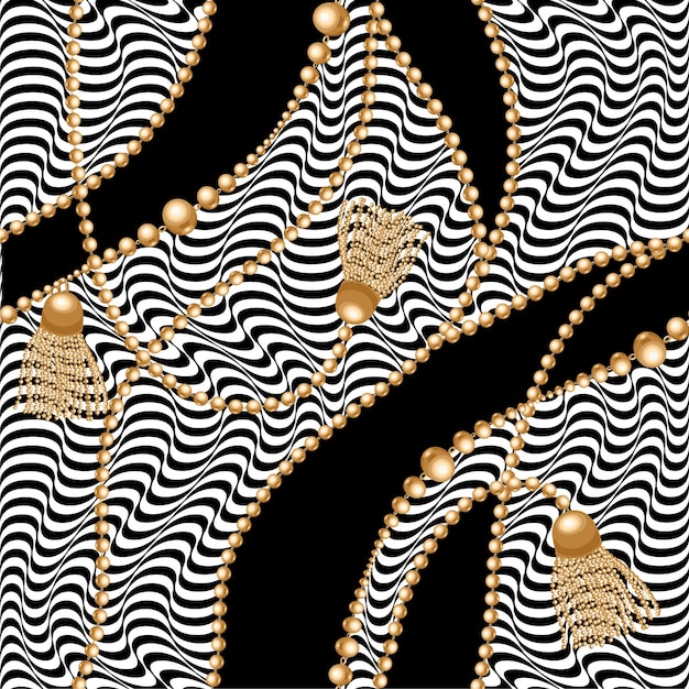 Seamless pattern with gold chains tassels rope on striped background