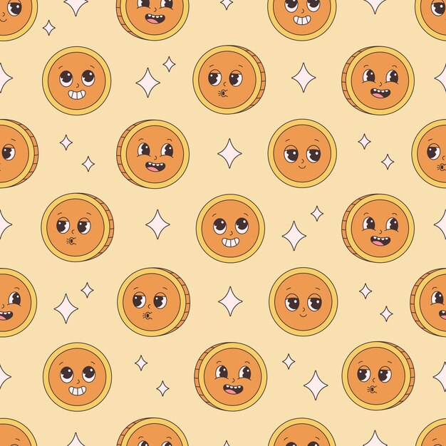 Seamless pattern with gold coin character. Groovy style, retro, vintage, 70s 60s aesthetics.