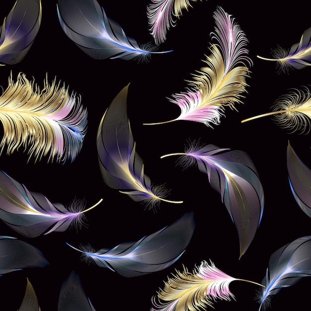 Vector seamless pattern with gold feathers of bird. boho style.