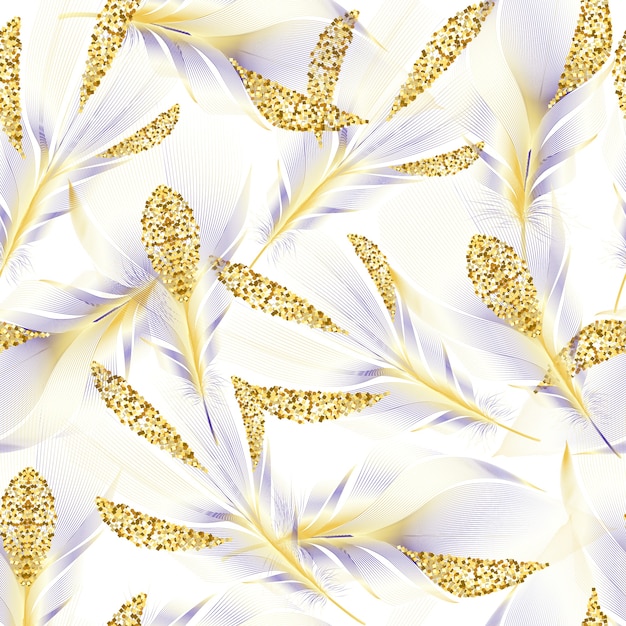 Seamless pattern with gold feathers of bird. repeating.