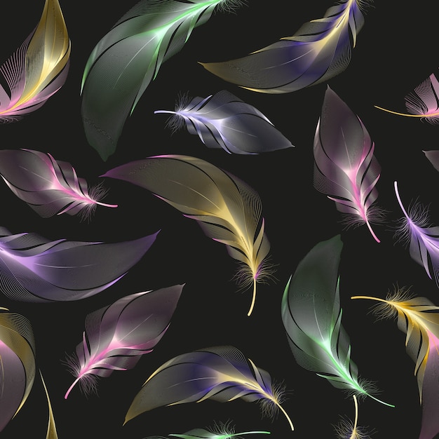 Vector seamless pattern with gold feathers of bird.