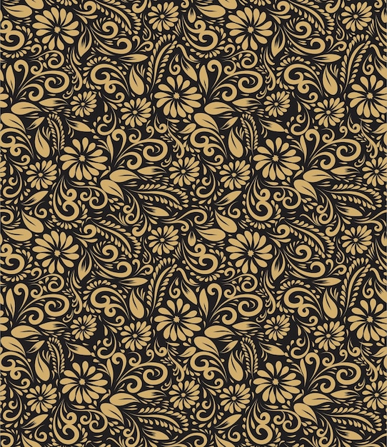 Seamless pattern with gold flowers on a black background.