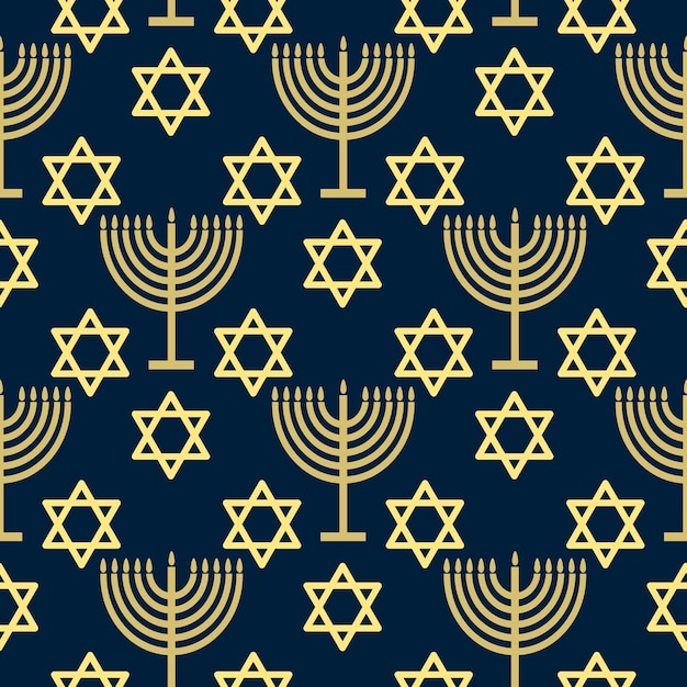 Seamless pattern with gold symbols on blue color background for Hanukkah Jewish holiday