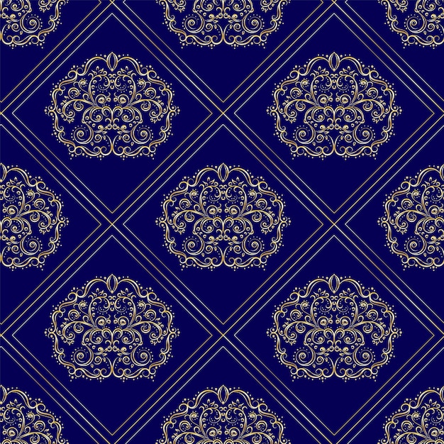 Seamless pattern with gold vintage ornament on blue background