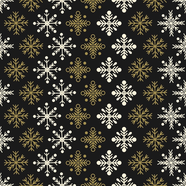 Seamless pattern with gold and white snowflakes on a dark background New Year illustration