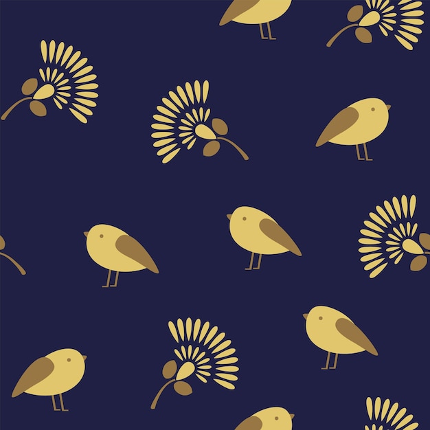 Seamless pattern with golden birds and flowers on blue background