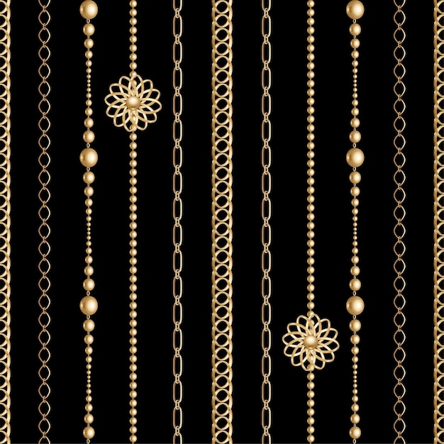 Vector seamless pattern with golden chains and flowers on black background