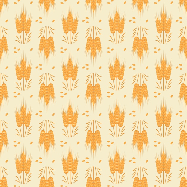 Vector seamless pattern with golden ear of wheat on yellow background print of grains for making flour baking bread and other food vector flat illustration