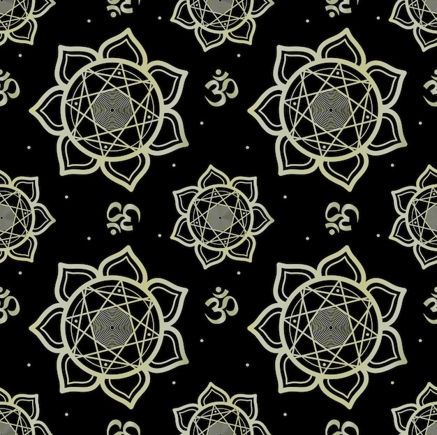 Seamless pattern with golden mandala and symbol Om in Sanskrit