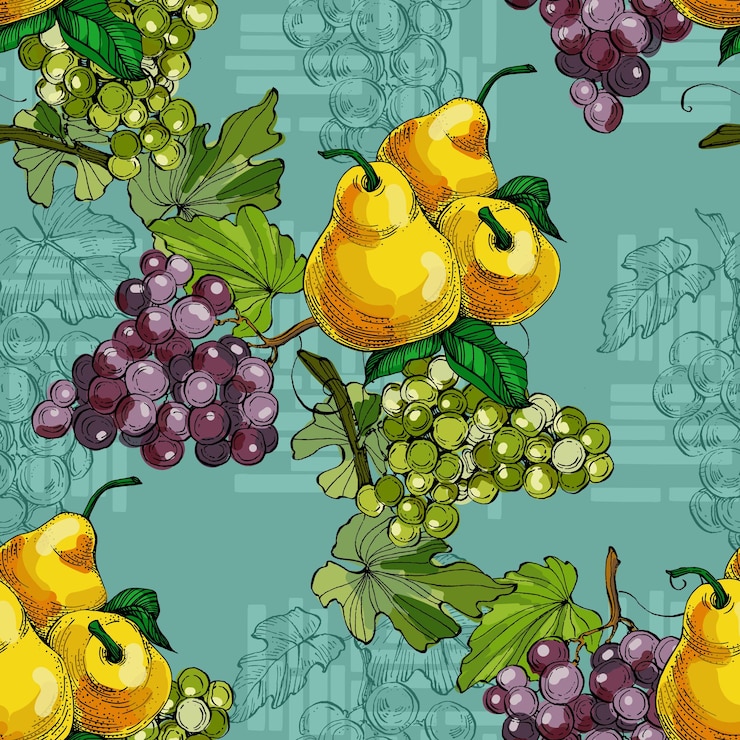 Vector seamless pattern with grapes and pear color sketch style hand drawn background detailed illustration hand drawn great for fabric and textile prints invitation packaging