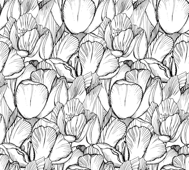  seamless pattern with graphic spring flowers (tulips) in vintage style