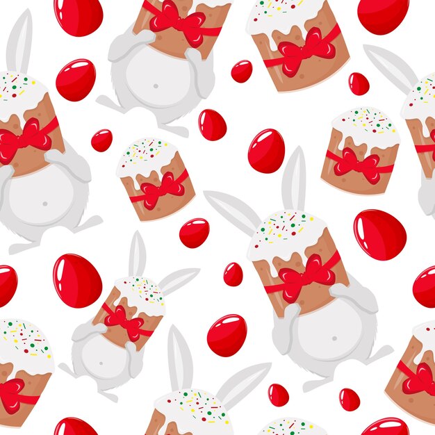 seamless pattern with a gray bunny holding an Easter cupcake with red eggs and an Easter cupcake