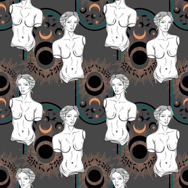 Seamless pattern with Greek Goddess bust statue Aphrodite Venus Boho modern wall decor