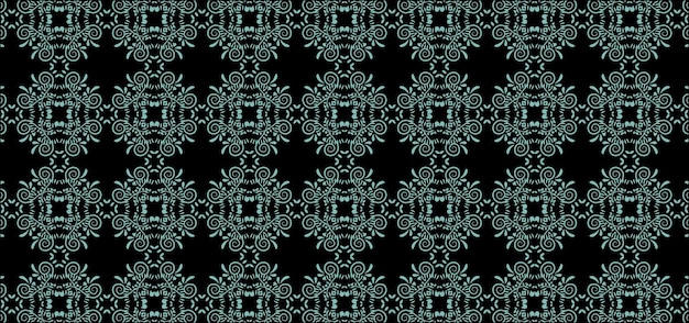 A seamless pattern with green and blue flowers and the words " fractal " on a black background.