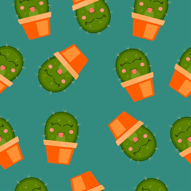 Seamless pattern with green cactus showing tongue in a pot on dark blue background