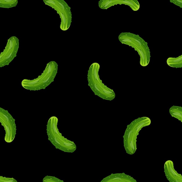 Seamless pattern with a green cucumber on a black background Pattern with vegetables