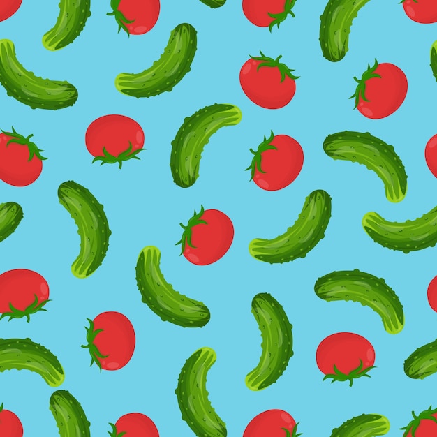 Seamless pattern with green cucumbers and red tomatoes on a blue background Pattern and vegetables