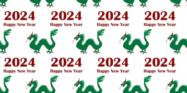 Vector seamless pattern with green dragon 2024 happy new year text vector