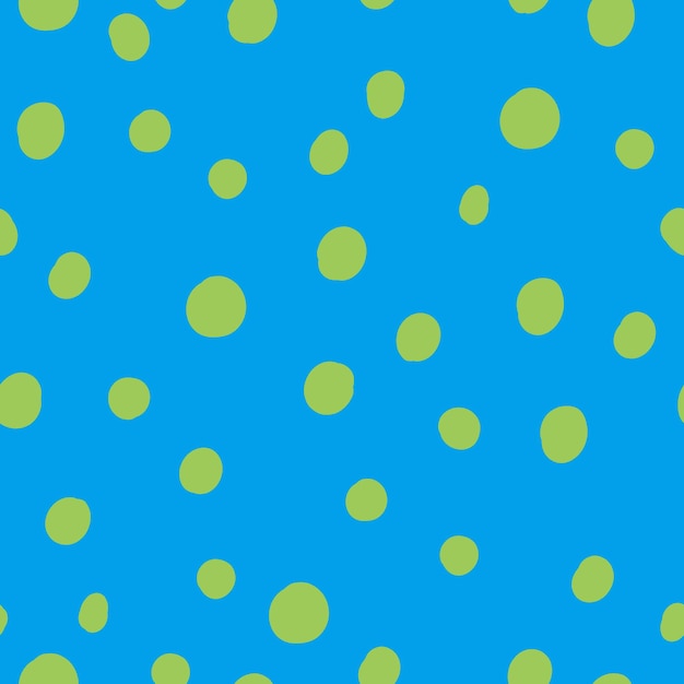 Vector seamless pattern with green hand-drawn dots on blue background.