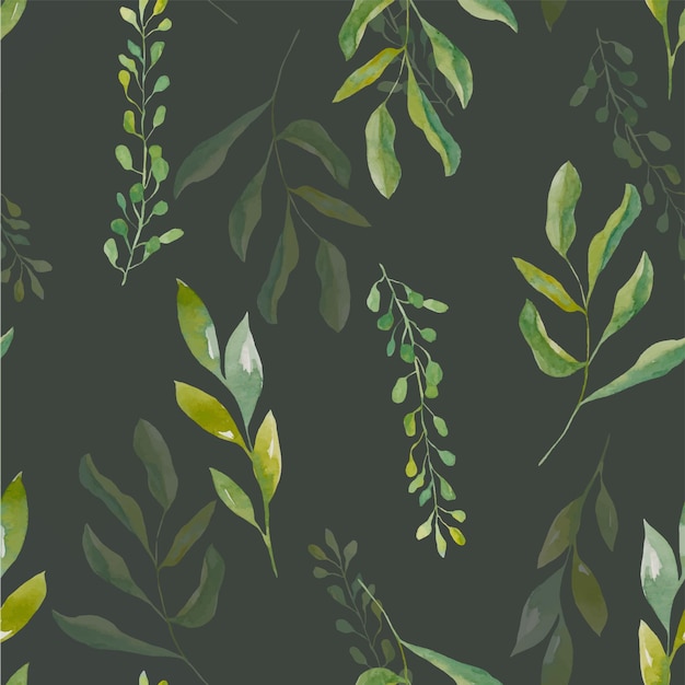 A seamless pattern with green leaves and branches on a dark background