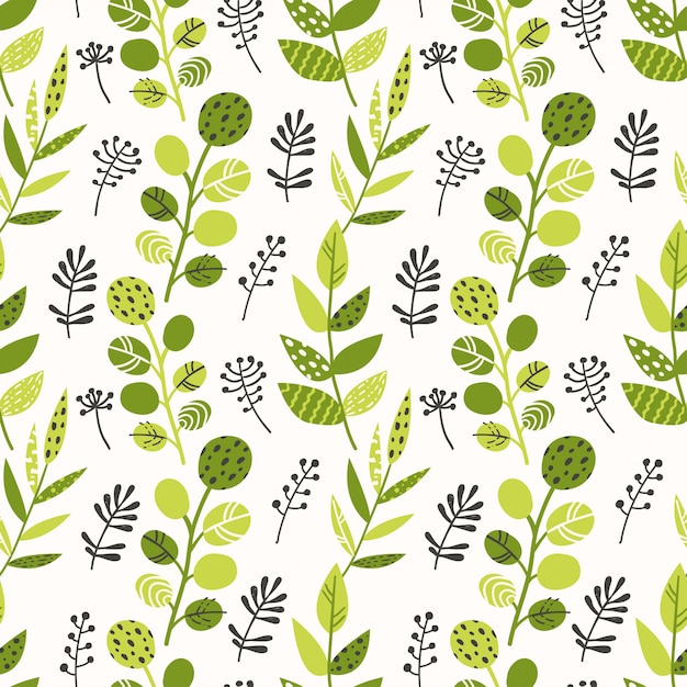 Seamless pattern with green leaves and herbs