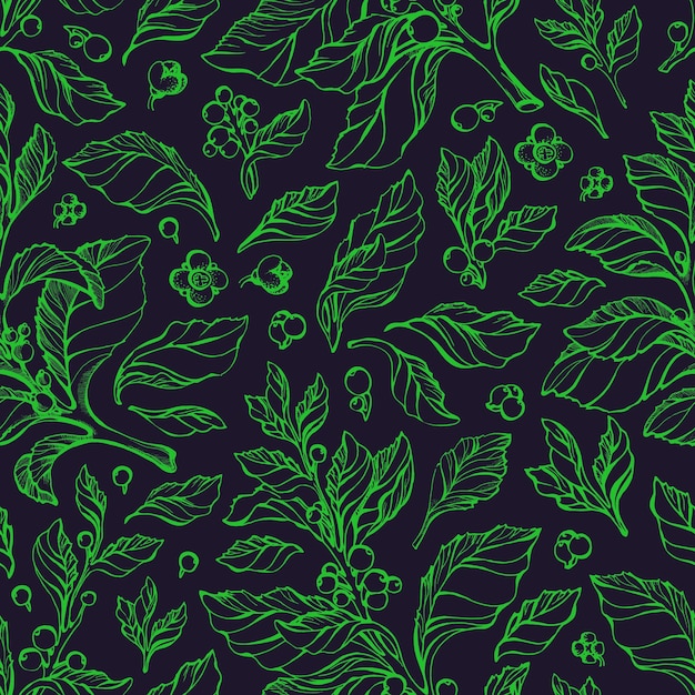 Seamless pattern with green mate branch flower leaves tropical hand draw illusrtation organic