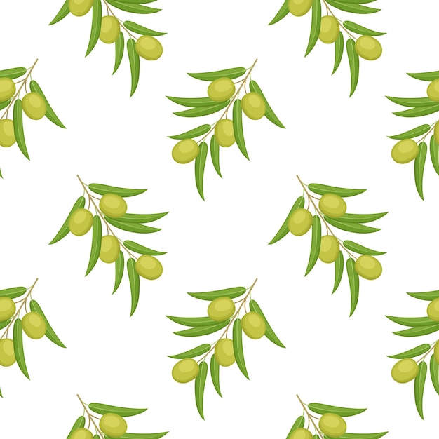 Seamless pattern with green olives on branch Vector illustration