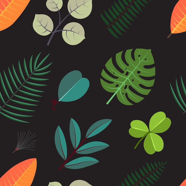 Бесшовный фон с зелеными пальмовыми листьями. цветочная тропическая листва на темном фоне.