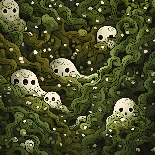 Seamless pattern with green seaweed and skulls Vector illustration