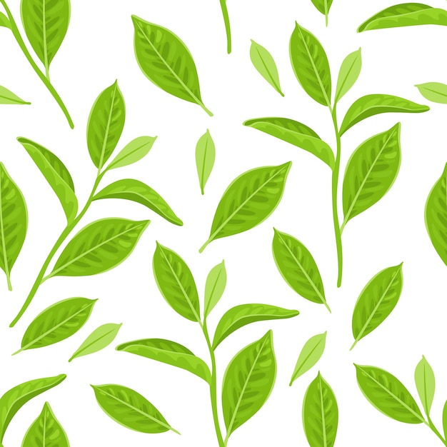 白い背景に緑茶の葉とのシームレスなパターン。