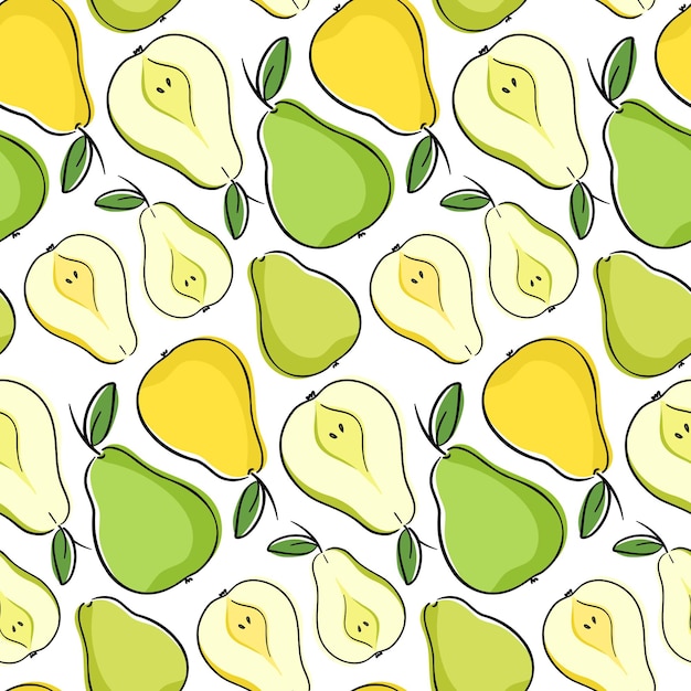緑と黄色の洋ナシとのシームレスなパターン。梨の果実とそのスライスでタイルを繰り返します