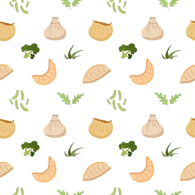 녹지와 중국 만두 딤섬 만두 아시아 음식 벡터 일러스트와 함께 완벽 한 패턴