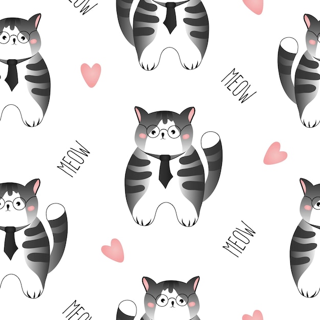 Vector seamless pattern with grey striped cats on white background vector illustration for children