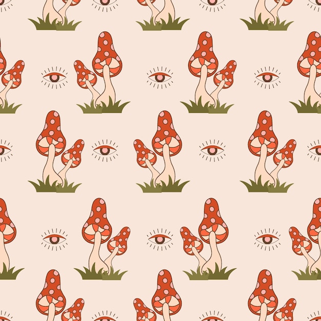 Vector seamless pattern with groovy mushrooms abstract vintage agaric