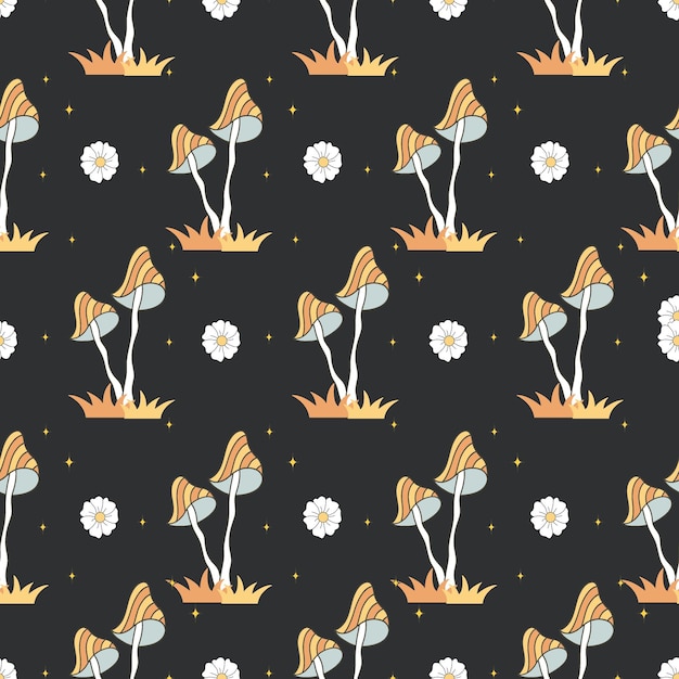 Vector seamless pattern with groovy mushrooms abstract vintage agaric