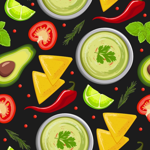 Vector seamless pattern with guacamole view from above