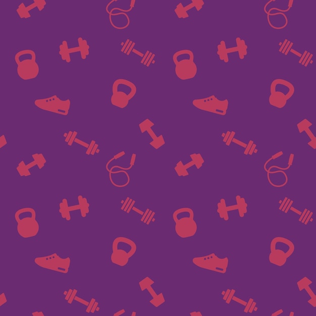 Seamless pattern with gym icons dumbbells kettlebells jumping rope barbell running shoe vector illustration