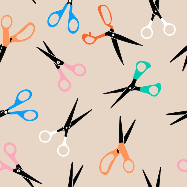 Seamless pattern with hairdressing scissorsmulticolored scissors on a beige background sewing ba