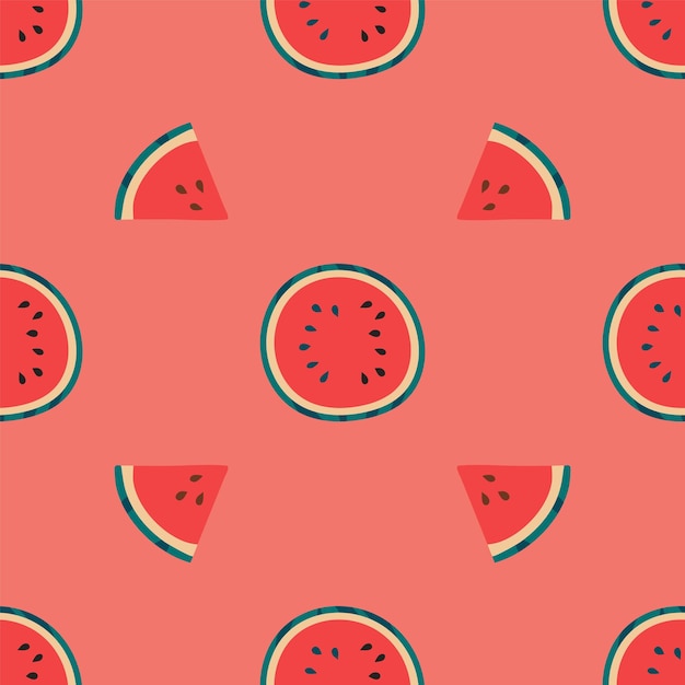 Seamless pattern with half and pieces of watermelon on a red background Fruity summer pattern Vector illustration