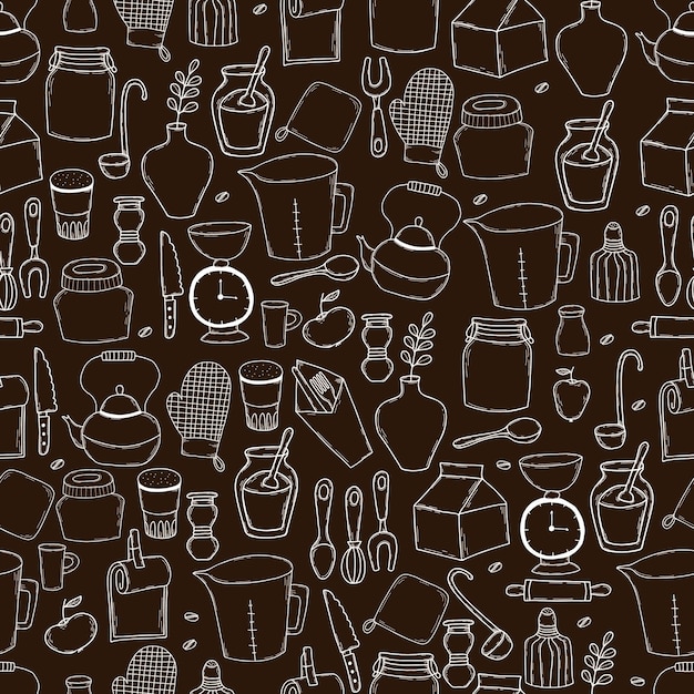 Seamless pattern with halk cooking tools kitchenware and dishes on dark background Outline Doodle