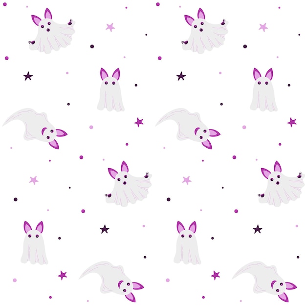 Seamless pattern with Halloween Cute bat dressed as a ghost Background for holiday