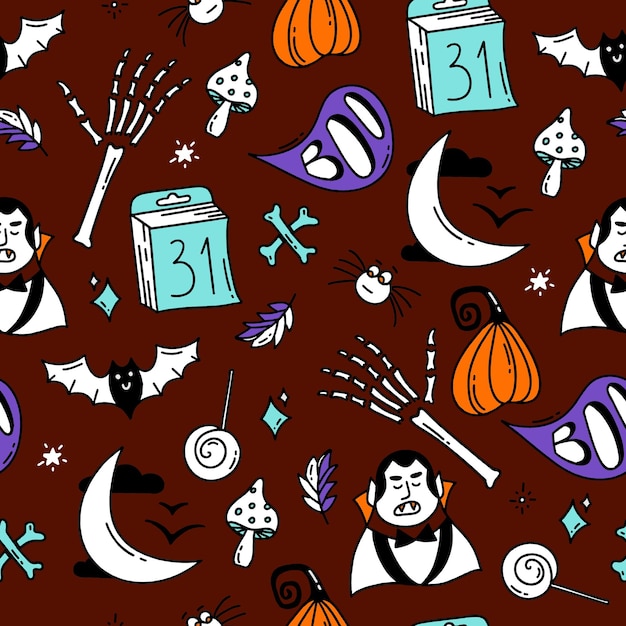 Modello senza cuciture con elementi di halloween illustrazione di disegno vettoriale in stile doodle su bordeaux