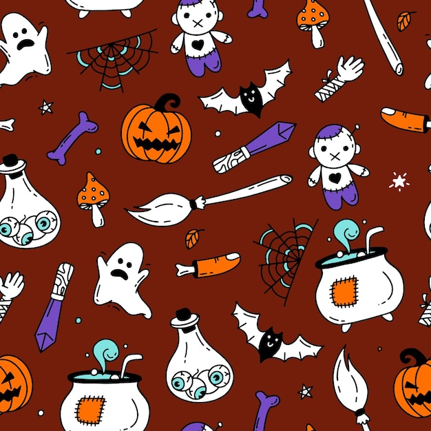 Modello senza cuciture con elementi di halloween illustrazione di disegno vettoriale in stile doodle su bordeaux