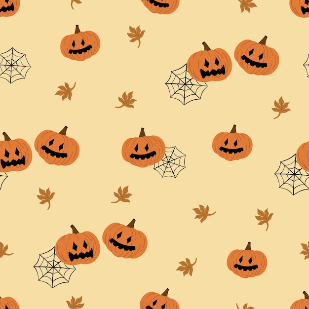 Modello senza cuciture con zucche di halloween, web, foglie d'autunno