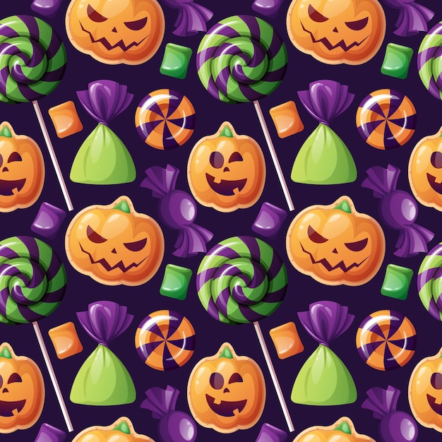 Seamless pattern with Halloween sweets on a dark background Cookies in the form of pumpkin candy